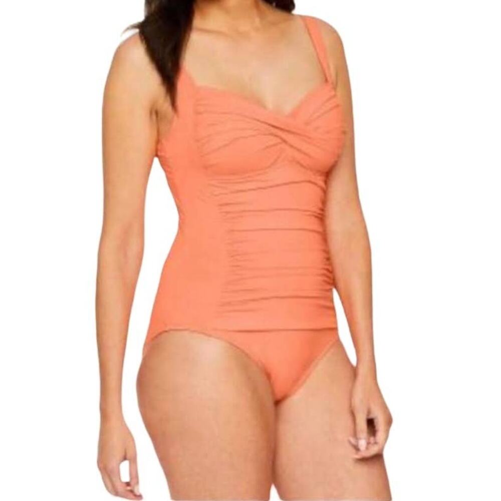Liz Lange Women's Peach Orange Ruched One Piece‎ Swimsuit Size 14